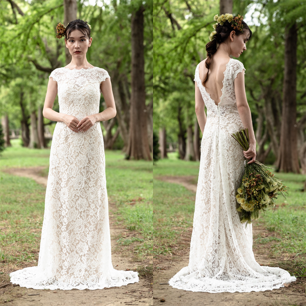 クルーネック 花柄レース スレンダードレス(W174)