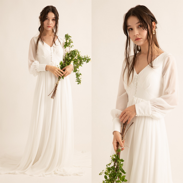 Vネック くるみボタン ロングスリーブ シフォンドレス(W196)