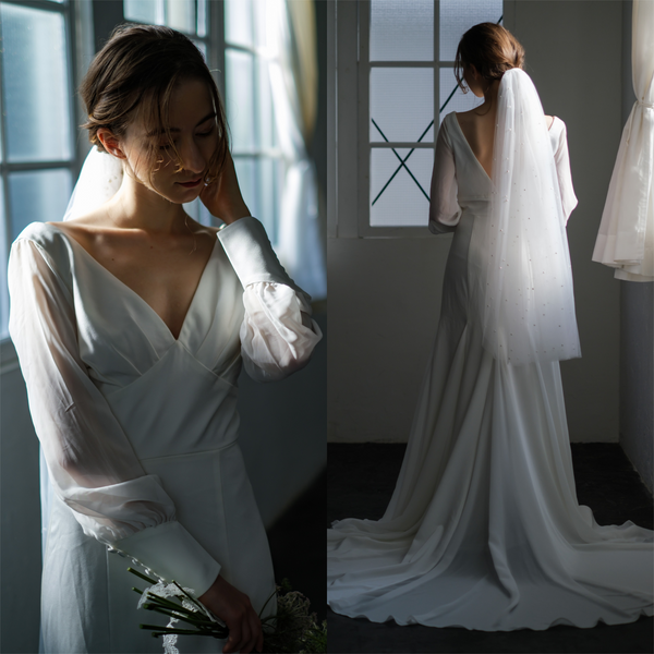 ボリューム袖 Vネック シフォン マーメイドドレス(W203)