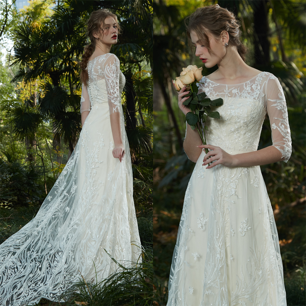 刺繍レース 七分袖 Aラインドレス(W213)