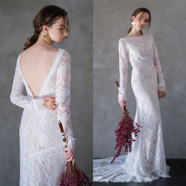 ボートネック バックV 長袖ドレス(W216)