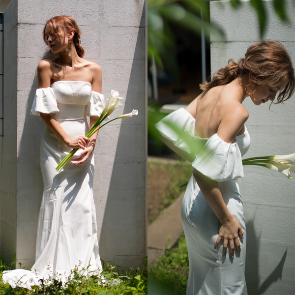 オフショルダー ボリューム袖 サテン ソフトマーメイドドレス(W225)