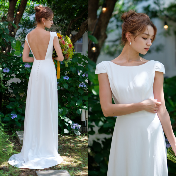 パフスリーブ 背中開き サテンドレス(W236)