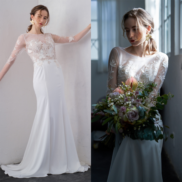 刺繍レース ロングスリーブ バックV ソフトマーメイドドレス(W249)