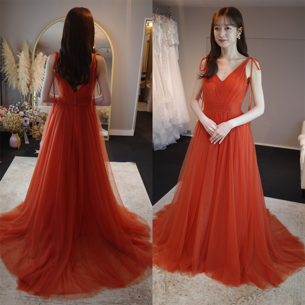 リボンショルダー Vネック オレンジ チュールドレス(W271OR)