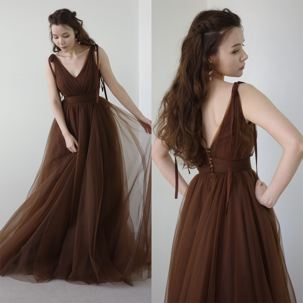 リボンショルダー Vネック ブラウン チュールドレス(W271)