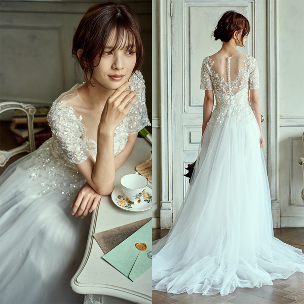 ビーズ刺繍 袖付き チュールドレス(W273)