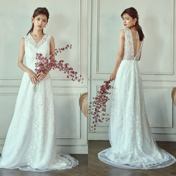 リーフ刺繍 Vネック スレンダードレス(W275)