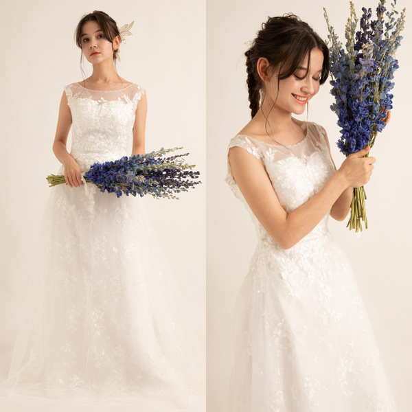 花柄レース 刺繍 ボートネック ウエディングドレス(W59)