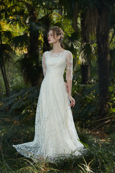 刺繍レース 七分袖 Aラインドレス(W213)