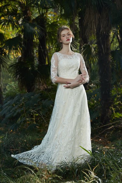 刺繍レース 七分袖 Aラインドレス(W213)