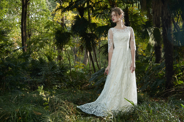 刺繍レース 七分袖 Aラインドレス(W213)