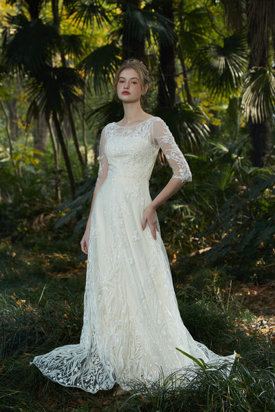 刺繍レース 七分袖 Aラインドレス(W213)