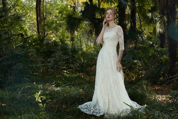 刺繍レース 七分袖 Aラインドレス(W213)