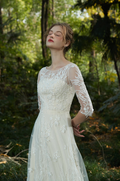 刺繍レース 七分袖 Aラインドレス(W213)