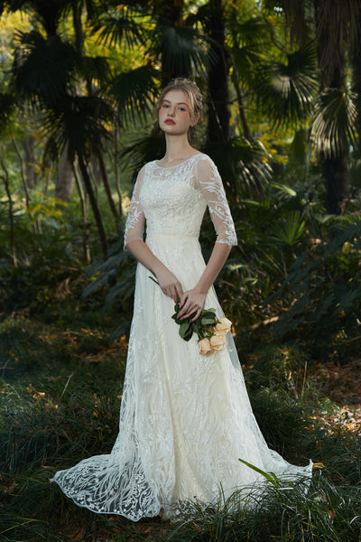 刺繍レース 七分袖 Aラインドレス(W213)