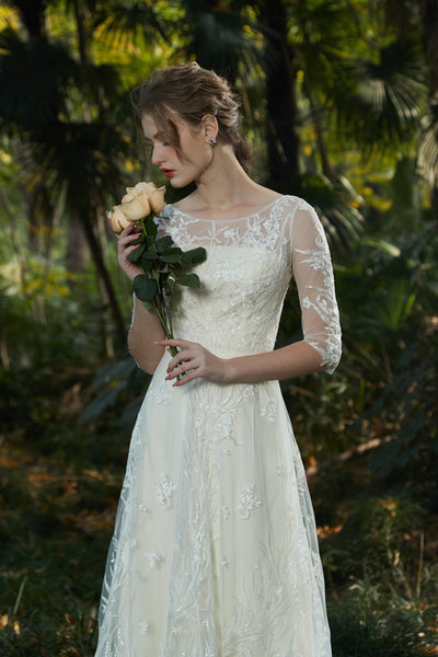 刺繍レース 七分袖 Aラインドレス(W213)