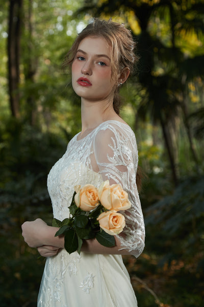 刺繍レース 七分袖 Aラインドレス(W213)