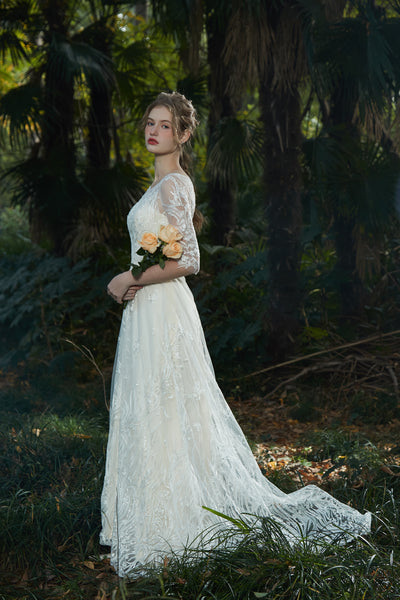 刺繍レース 七分袖 Aラインドレス(W213)