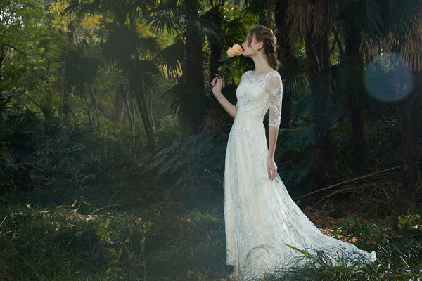 刺繍レース 七分袖 Aラインドレス(W213)