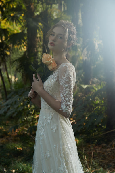 刺繍レース 七分袖 Aラインドレス(W213)