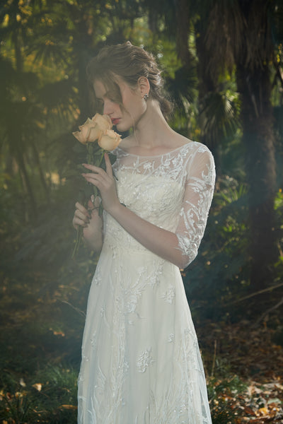 刺繍レース 七分袖 Aラインドレス(W213)