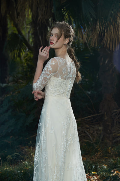 刺繍レース 七分袖 Aラインドレス(W213)