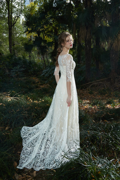 刺繍レース 七分袖 Aラインドレス(W213)