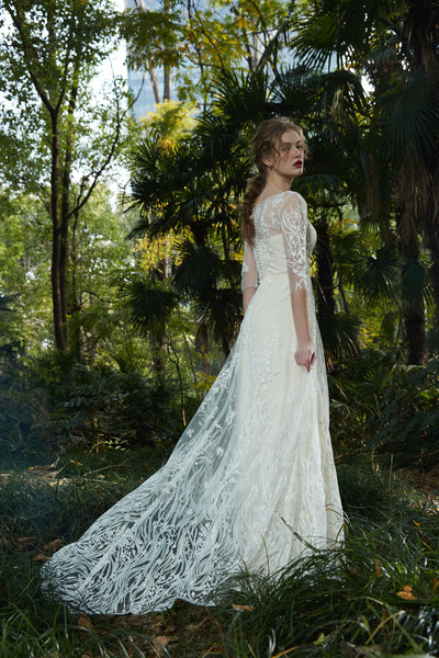 刺繍レース 七分袖 Aラインドレス(W213)