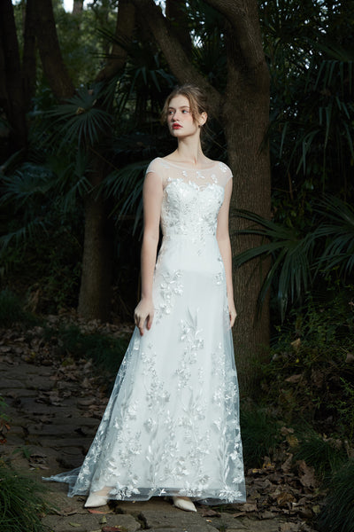 刺繍レース フレンチスリーブ スレンダードレス(W214)