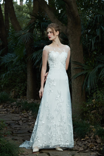 刺繍レース フレンチスリーブ スレンダードレス(W214)