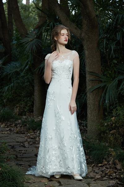 刺繍レース フレンチスリーブ スレンダードレス(W214)