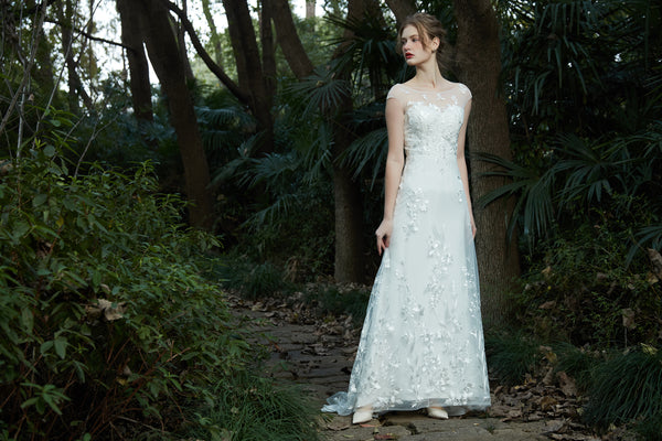 刺繍レース フレンチスリーブ スレンダードレス(W214)