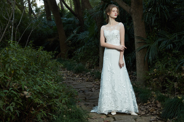 刺繍レース フレンチスリーブ スレンダードレス(W214)