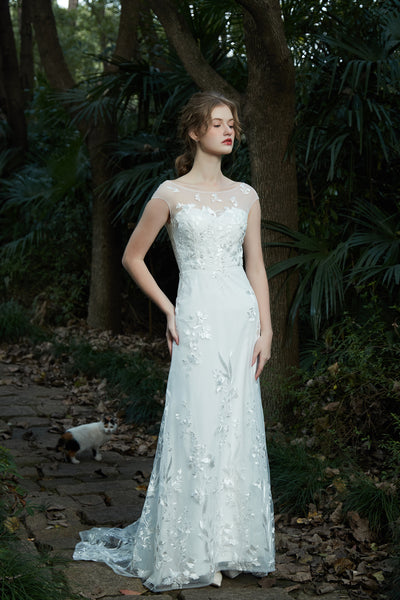 刺繍レース フレンチスリーブ スレンダードレス(W214)