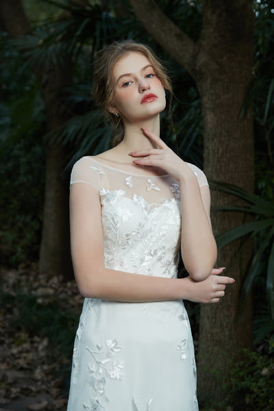 刺繍レース フレンチスリーブ スレンダードレス(W214)