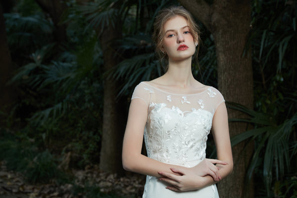 刺繍レース フレンチスリーブ スレンダードレス(W214)