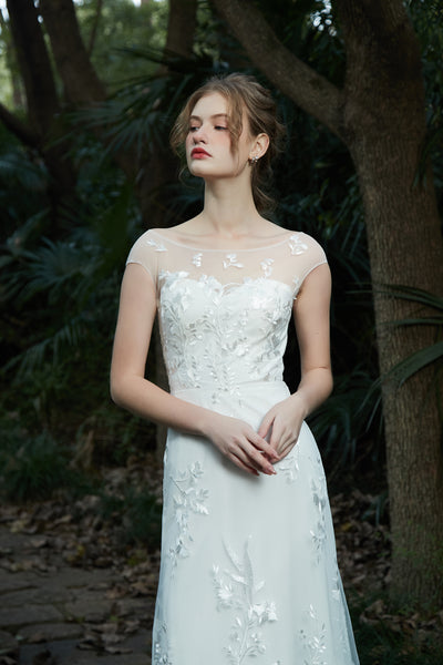 刺繍レース フレンチスリーブ スレンダードレス(W214)