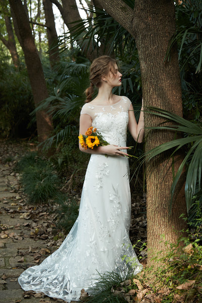 刺繍レース フレンチスリーブ スレンダードレス(W214)