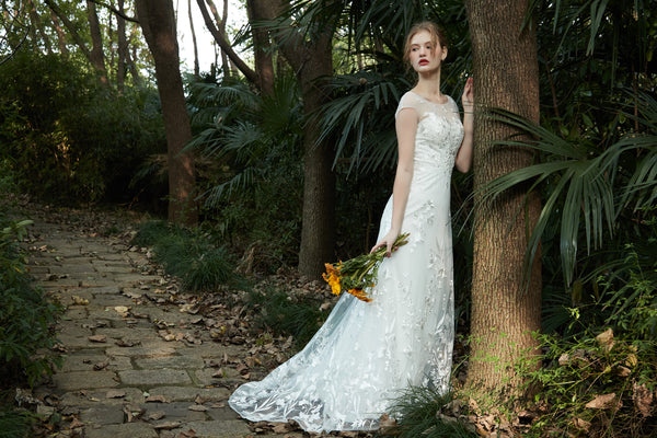 刺繍レース フレンチスリーブ スレンダードレス(W214)