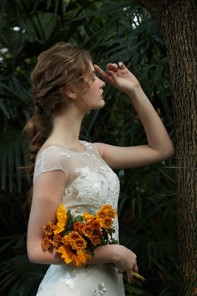 刺繍レース フレンチスリーブ スレンダードレス(W214)