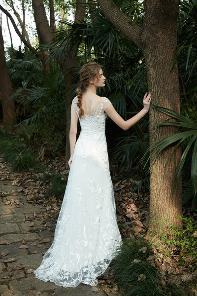 刺繍レース フレンチスリーブ スレンダードレス(W214)