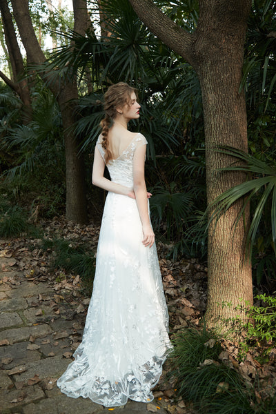 刺繍レース フレンチスリーブ スレンダードレス(W214)