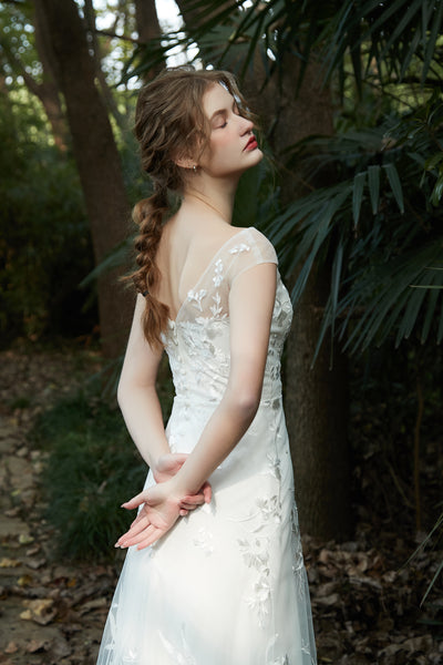 刺繍レース フレンチスリーブ スレンダードレス(W214)