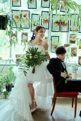 チュール ロングトレーン ミニドレス（W367）