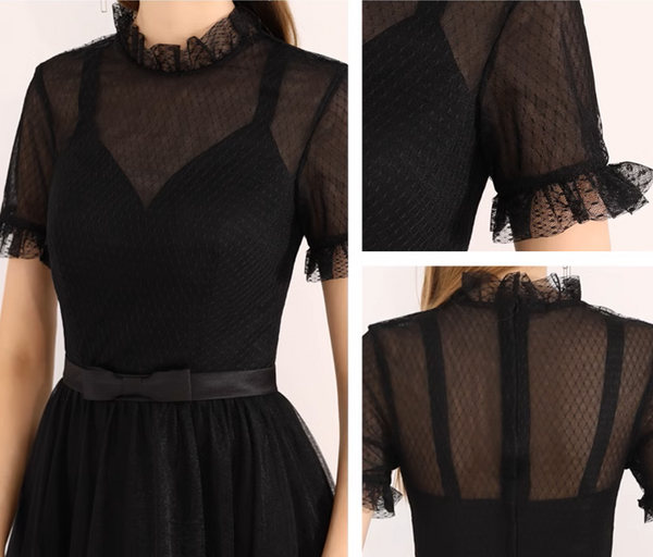 ハイネック フリル 半袖 ミモレ丈 パーティードレス(P14) ハイネック フリル 半袖 ミモレ丈 パーティードレス(P14)