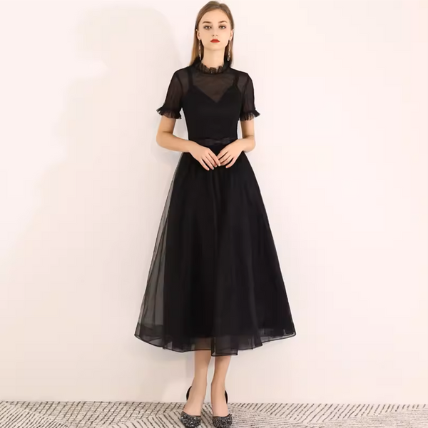 ハイネック フリル 半袖 ミモレ丈 パーティードレス(P14) ハイネック フリル 半袖 ミモレ丈 パーティードレス(P14)