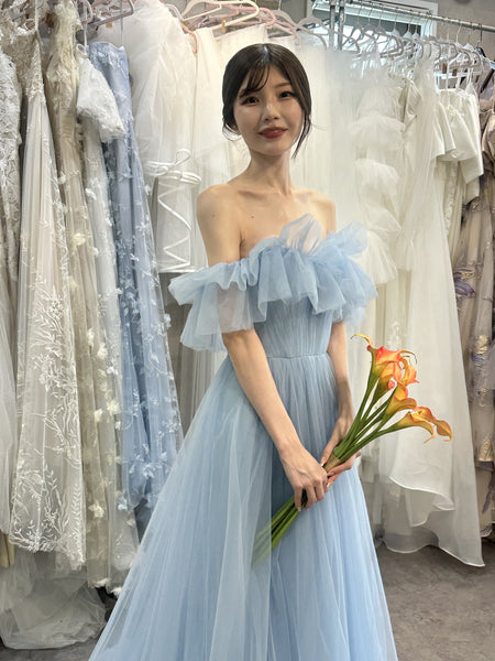春夏オフショルダーチュールフリルドレス フリル オフショルダー チュールドレス アイスブルー(W337IB)