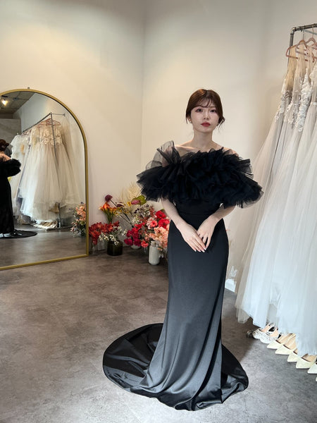 チュール オフショルダー ソフトマーメイドドレス（W372BK）