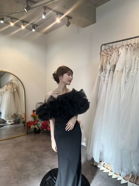 チュール オフショルダー ソフトマーメイドドレス（W372BK）